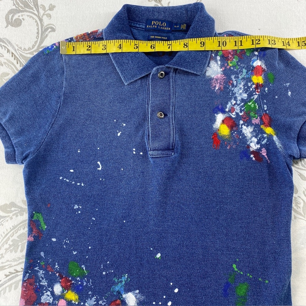 Vintage POLO RALPH LAUREN THE SKINNY POLO Paint Splattered Shirt,Indigo - Picture 3 of 7